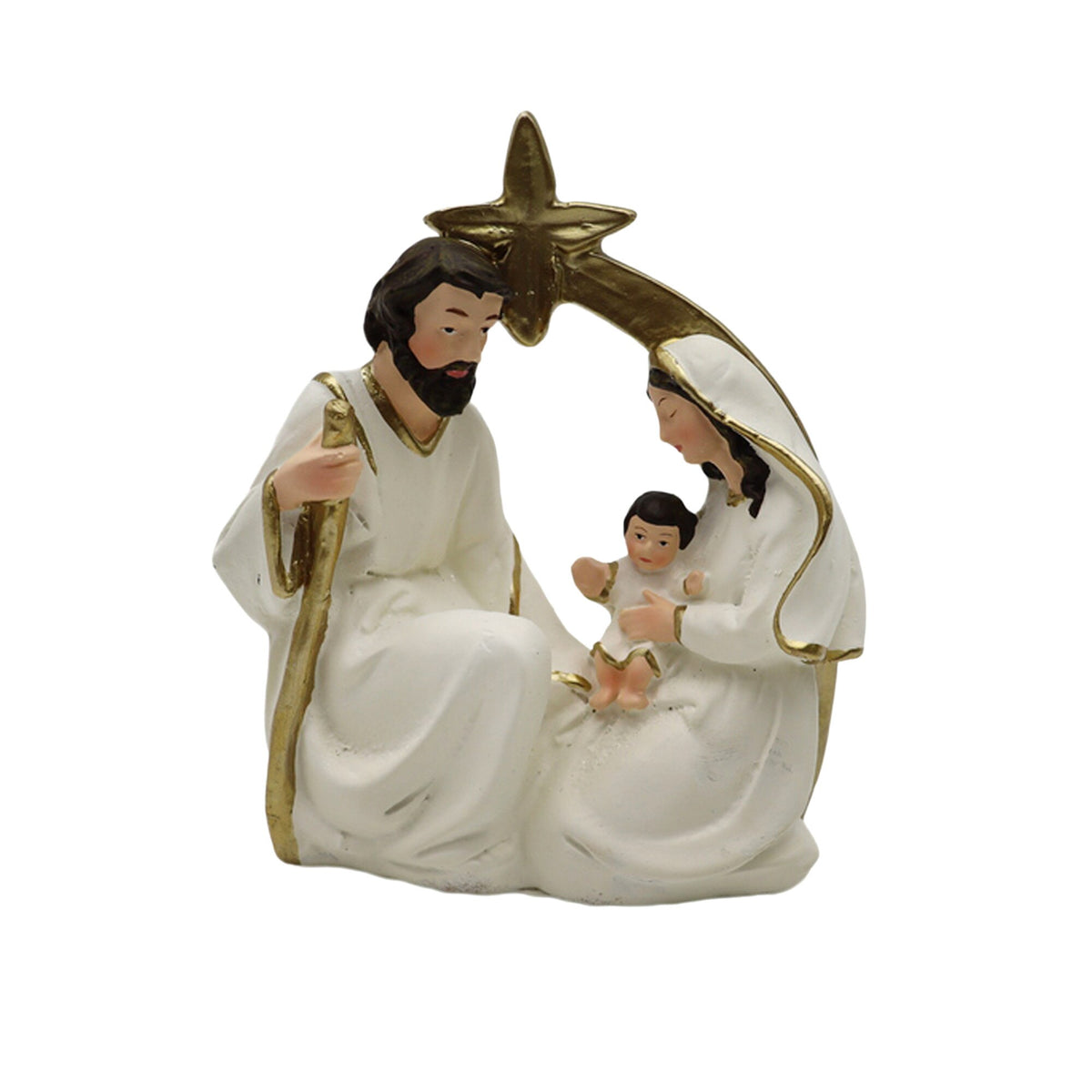 Small hand-painted nativity table piece with manger and gold accents