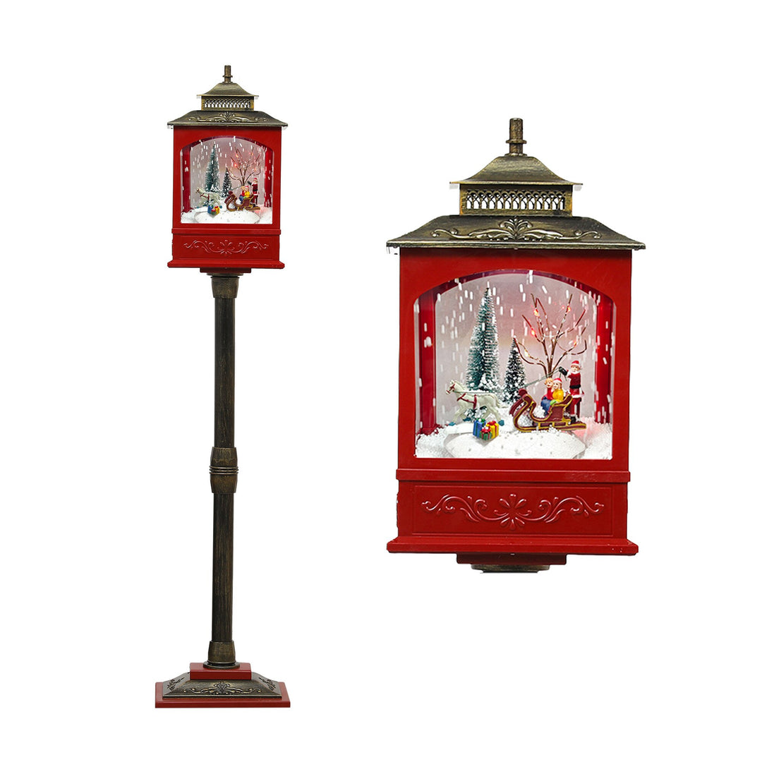 Red retro Santa floor lamp post lantern with lit winter scene and bronze accents