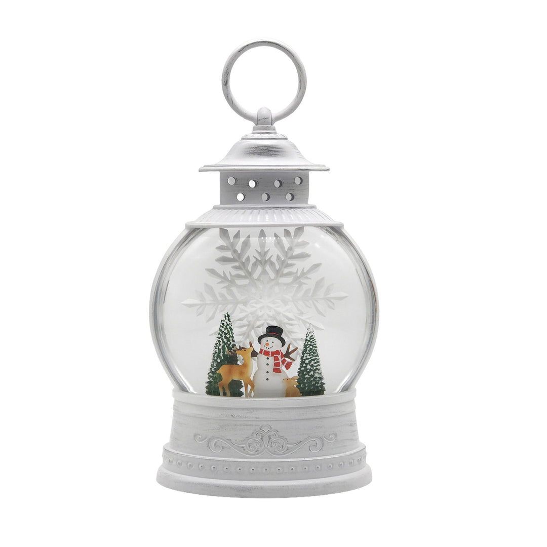 Lit water lantern with a snowman and tree and glitter spinner