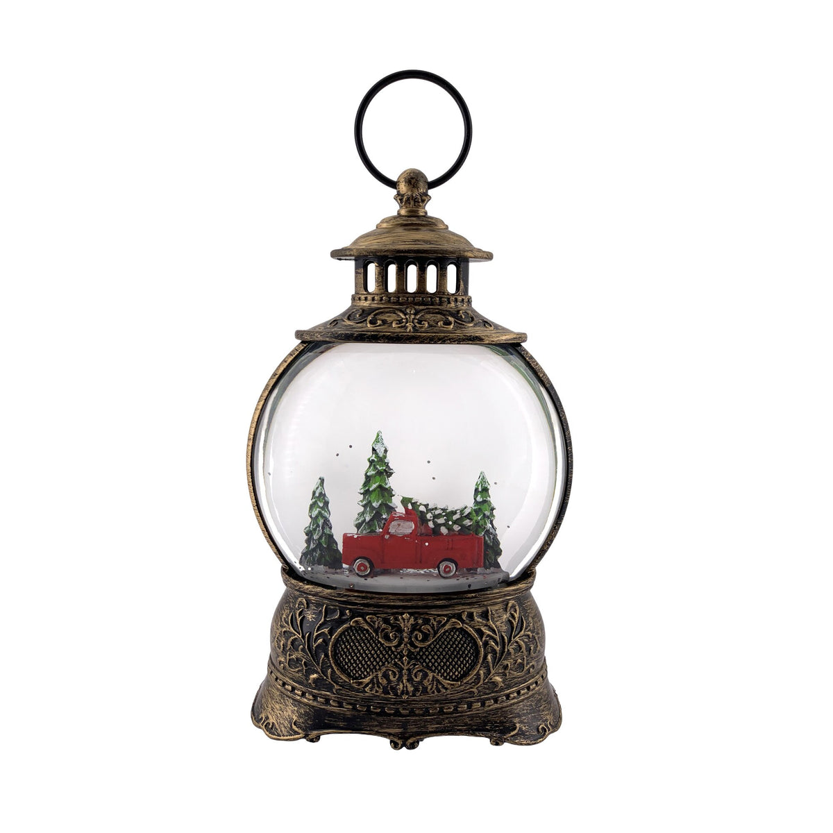 Lit water lantern with a red truck and Christmas tree and glitter spinner