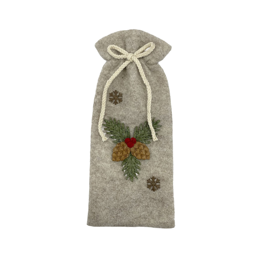 Grey felt wine bottle bag with embroidered pine cones, holly and snowflakes