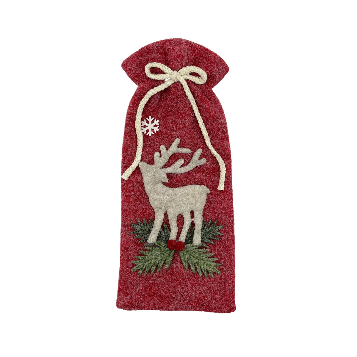 Red felt wine bottle bag with embroidered reindeer and greenery