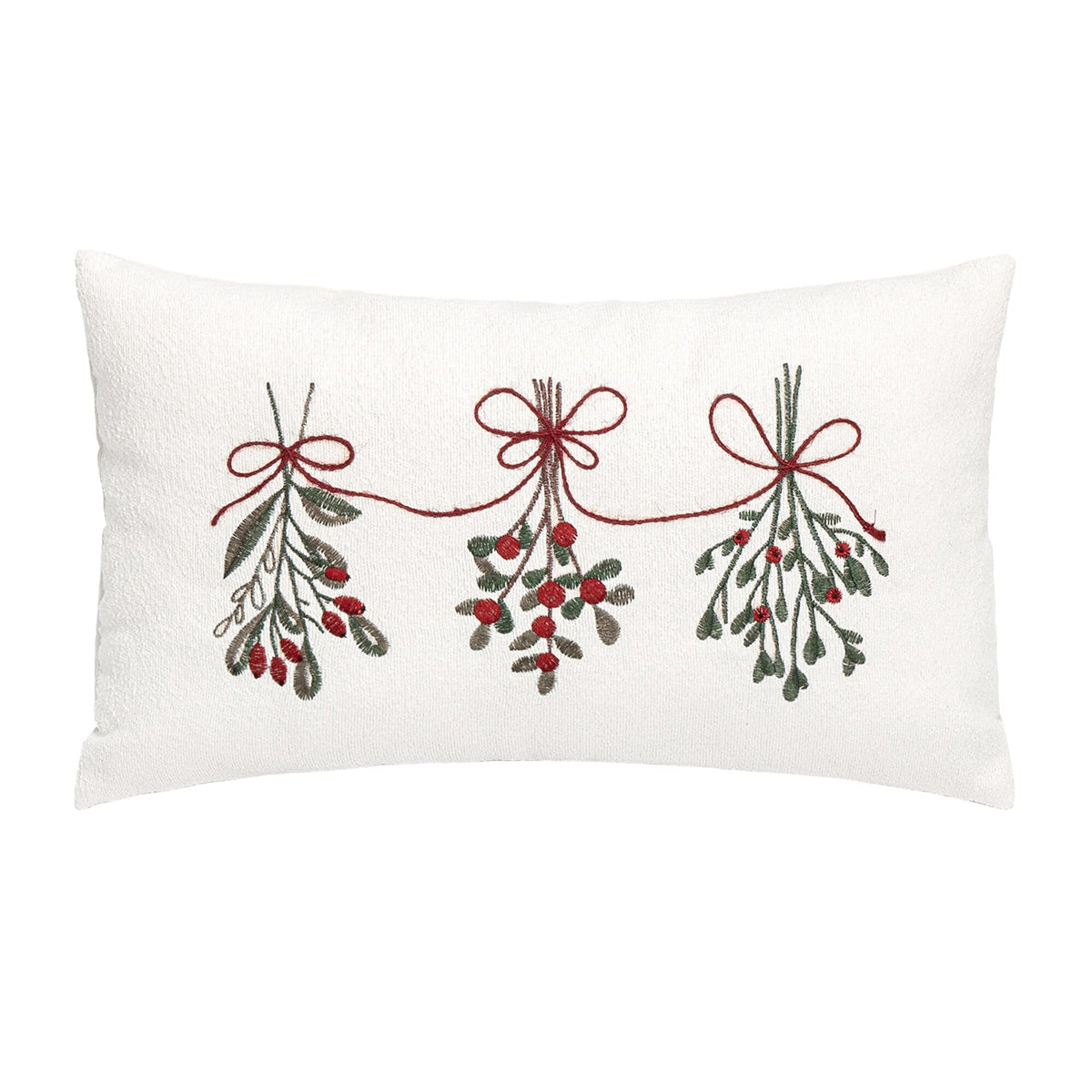 Cream lumbar cushion embroidered with holly, red berries and bows