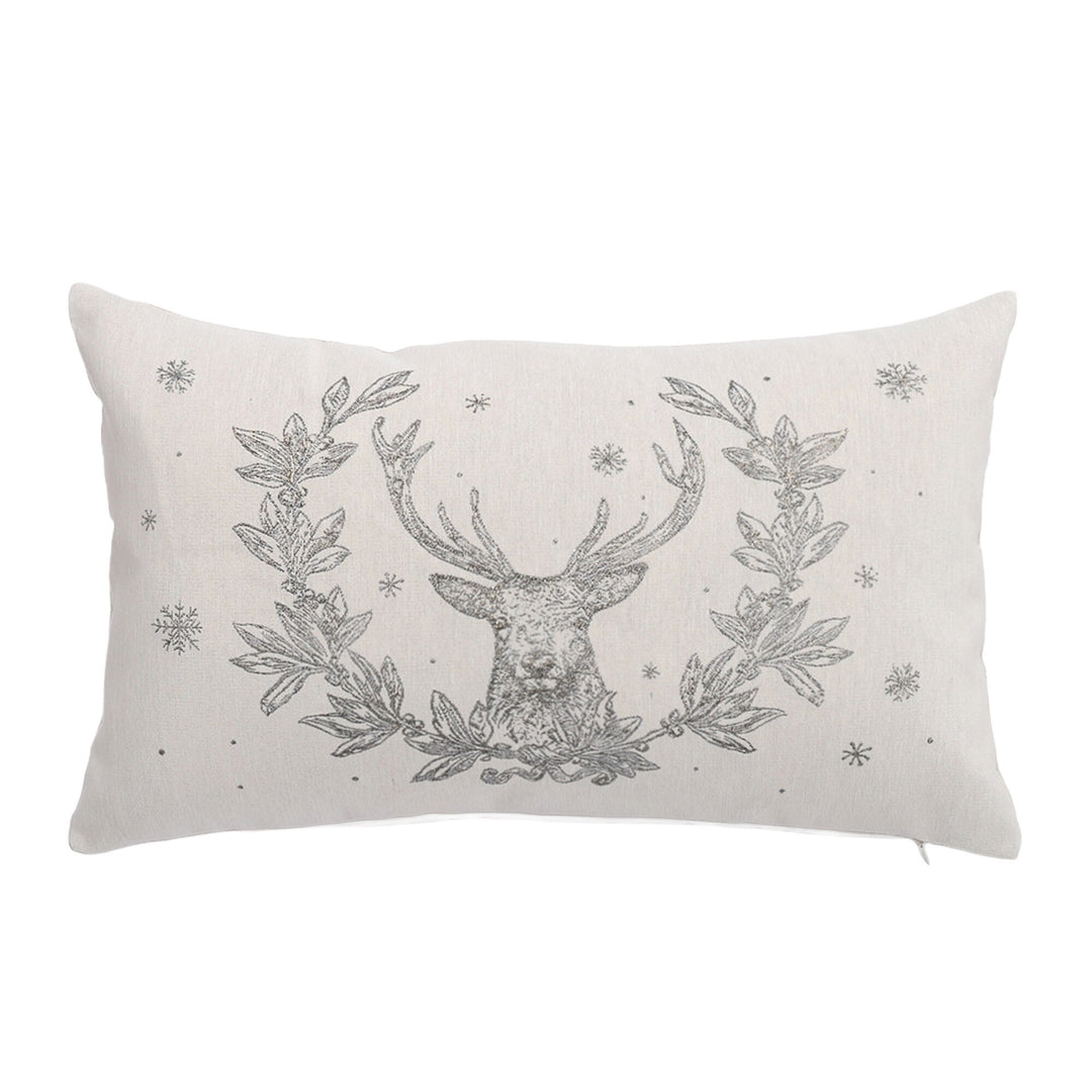 Metallic jacquard lumbar cushion with stag, winter leaves and snowflakes