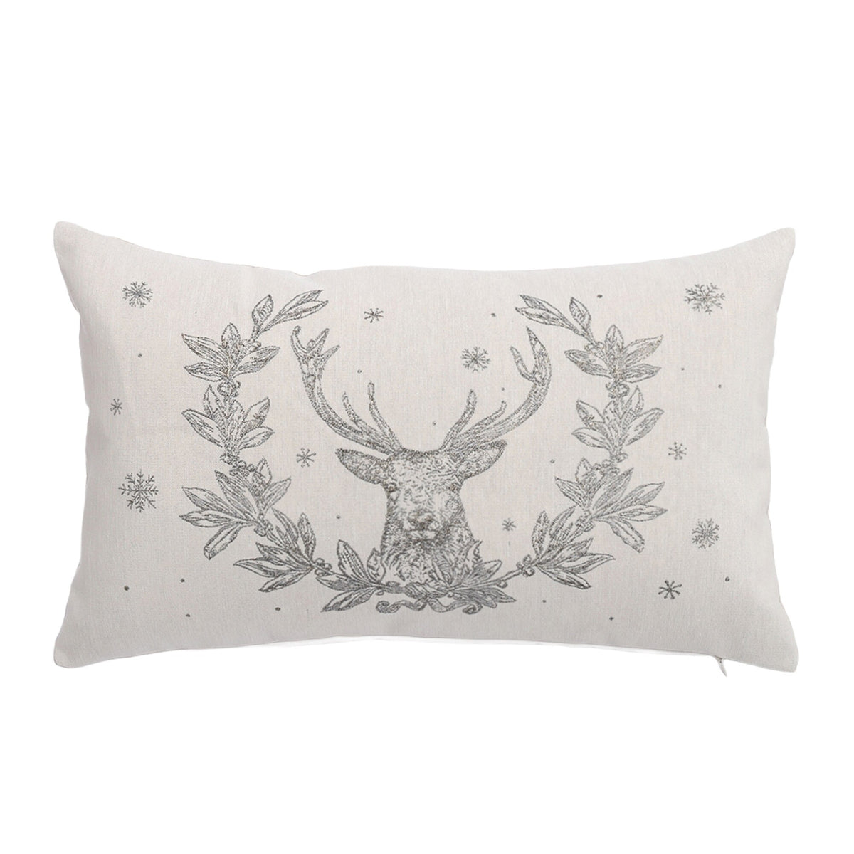 Metallic jacquard lumbar cushion with stag, winter leaves and snowflakes