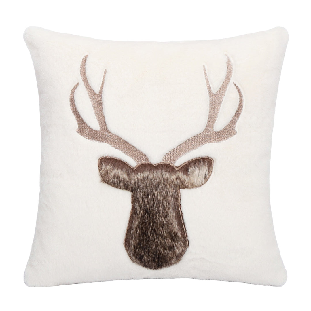 Beige and brown faux rabbit fur cushion with deer design, 18 inch square