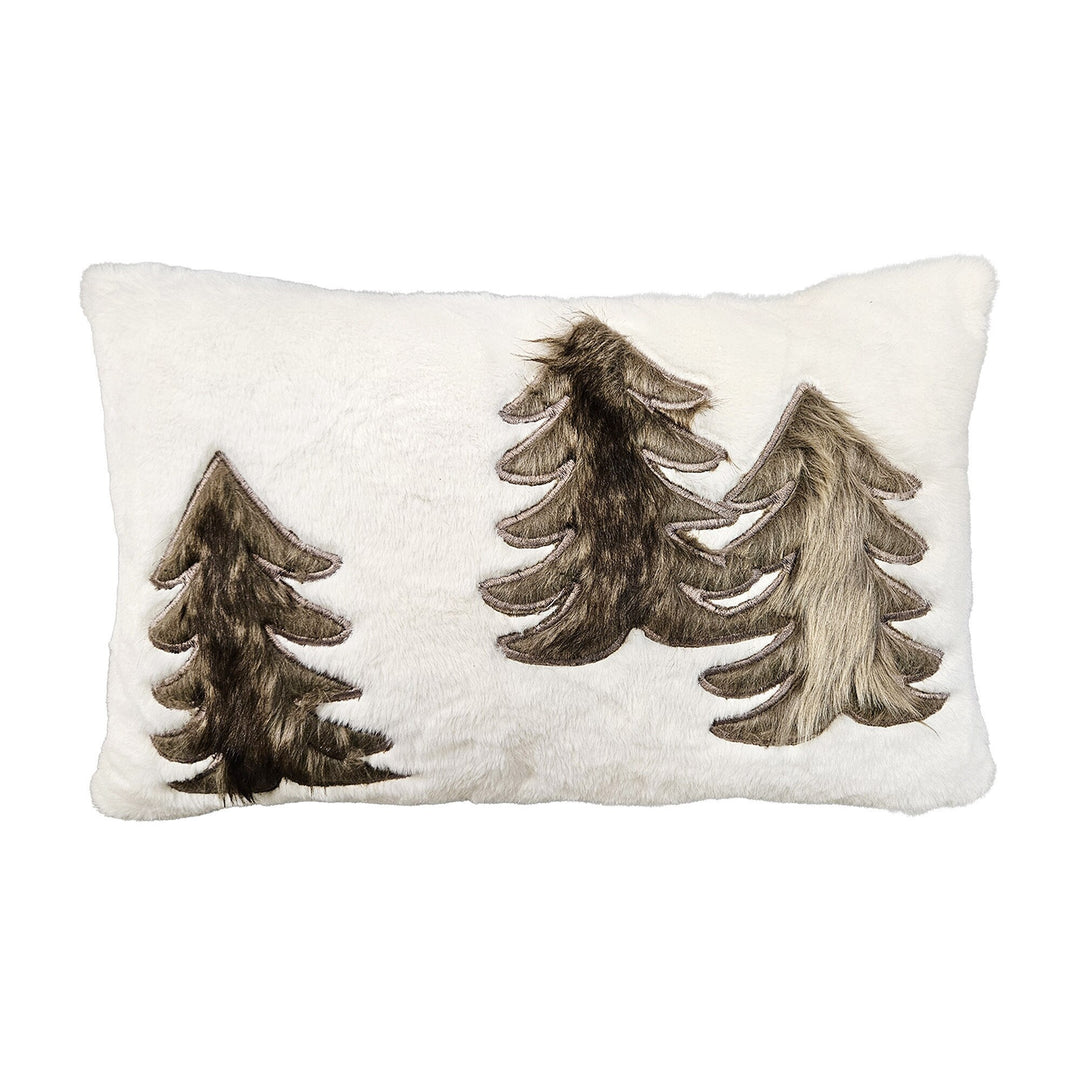 Beige and khaki faux fur lumbar cushion with repeating tree pattern