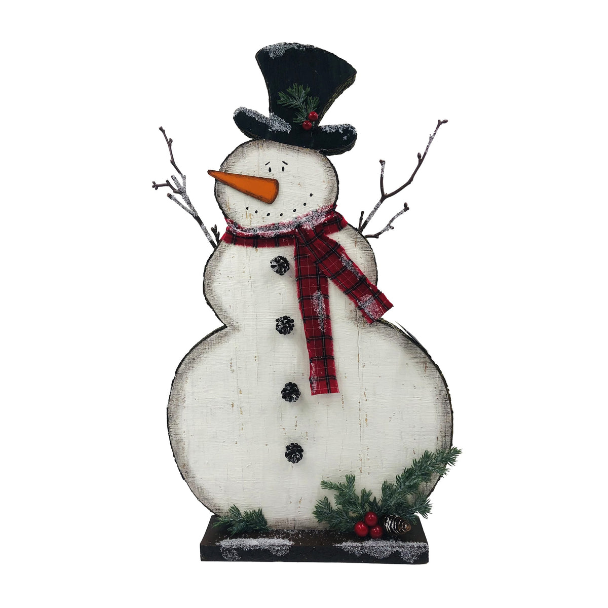 Tall wooden snowman with black top hat, plaid scarf and twig arms on a base
