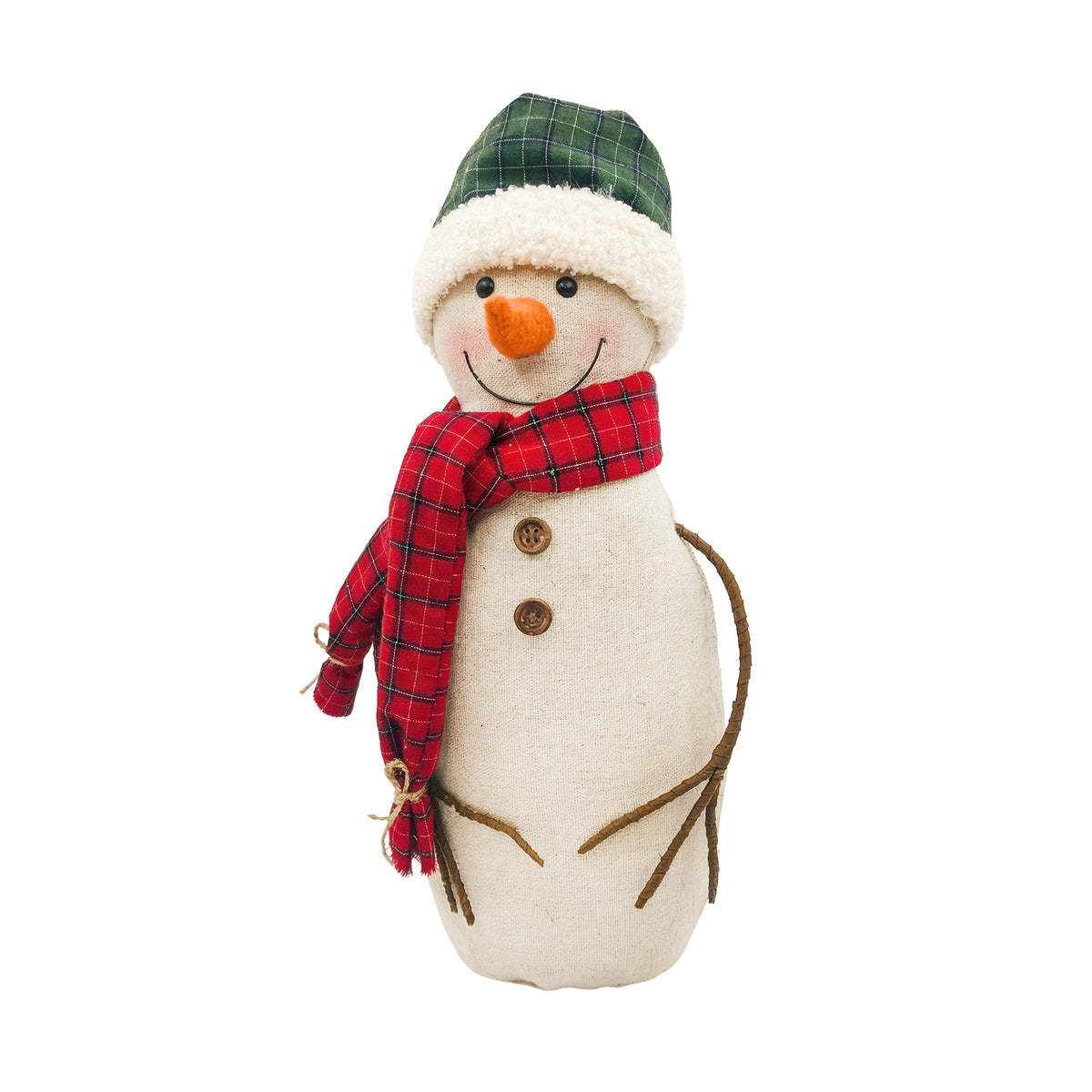 Cream fabric snowman in a green cap with a red buffalo-check scarf