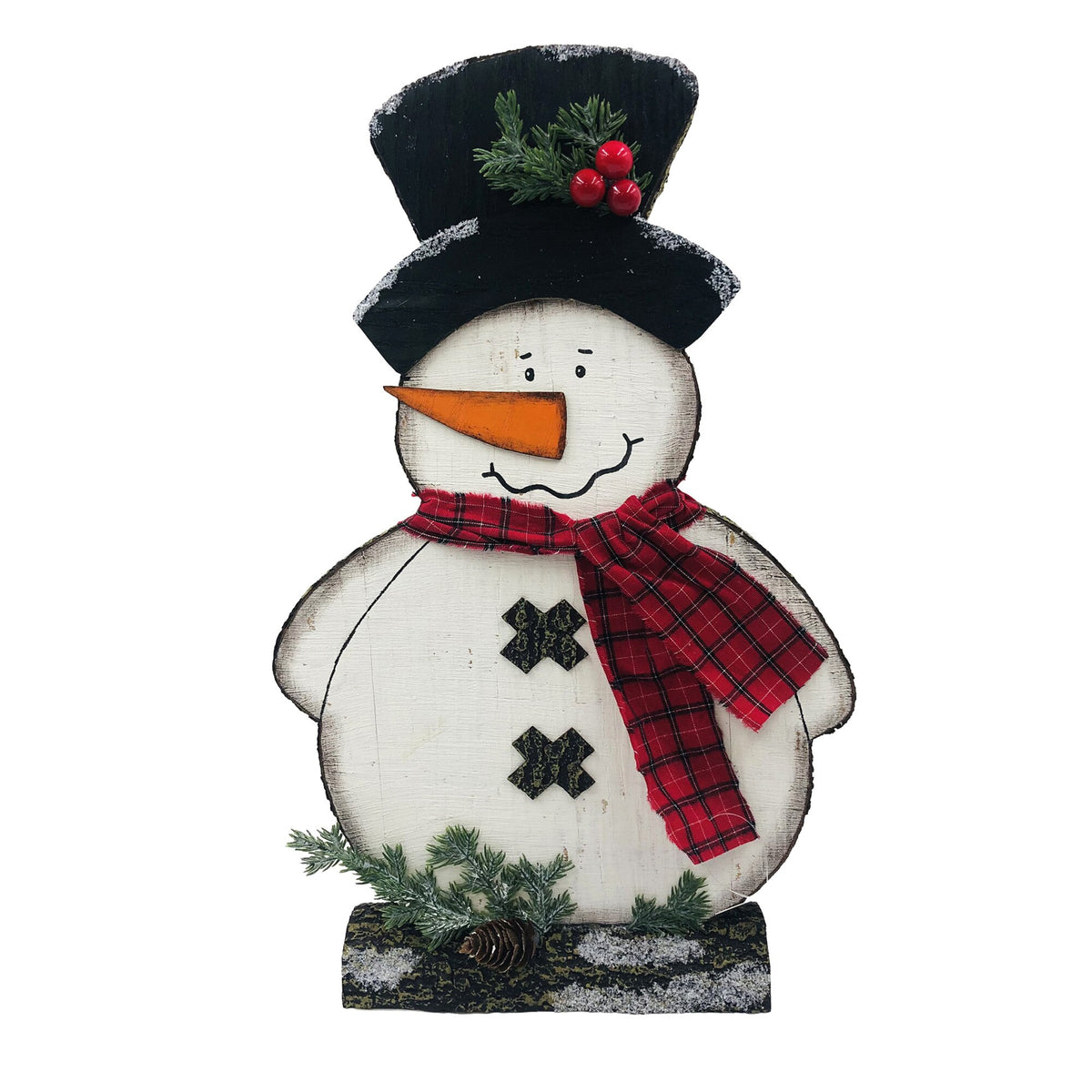 Wooden snowman with black top hat, holly, carrot nose and red plaid scarf
