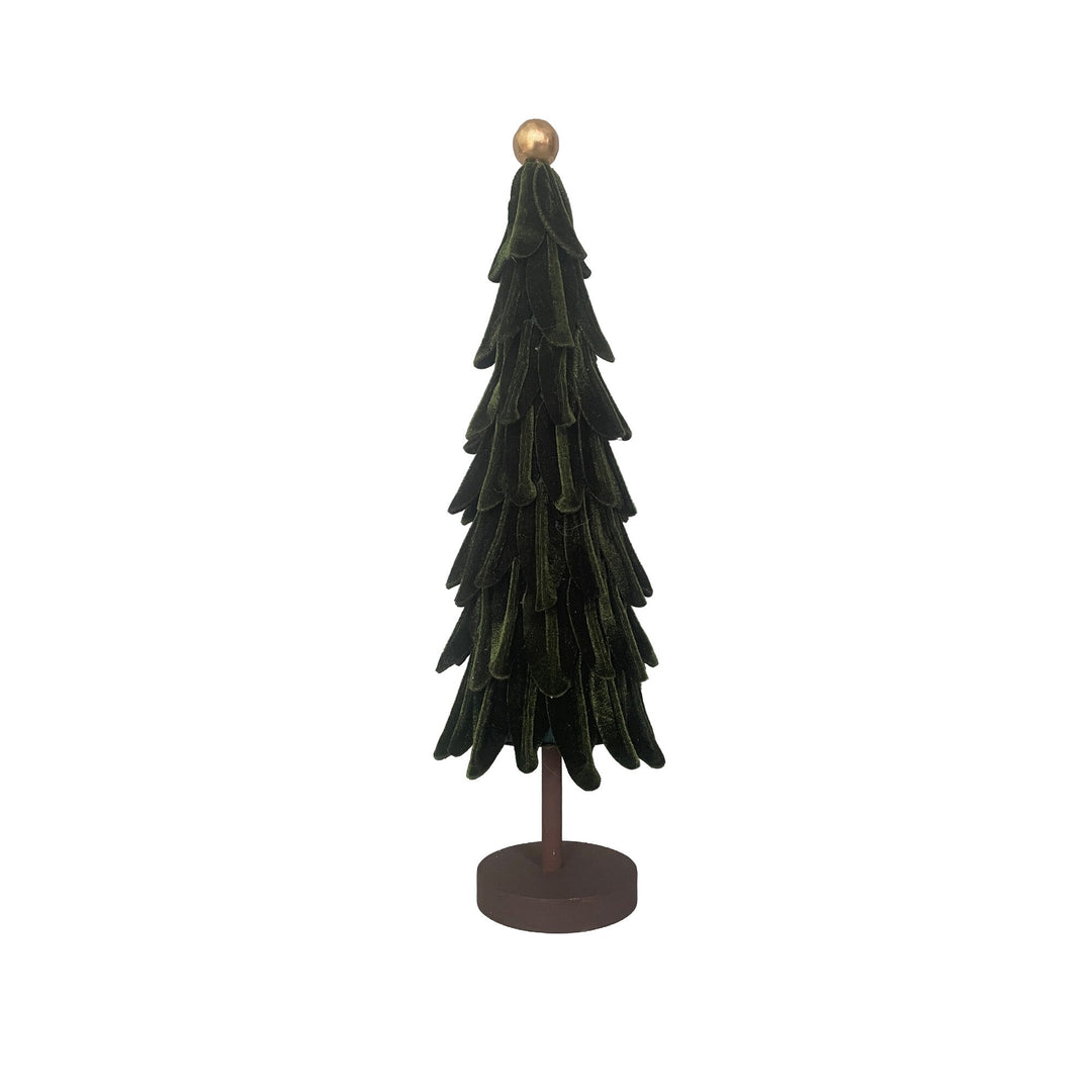Dark green folded velvet Christmas tree on a wooden base, 16 inch