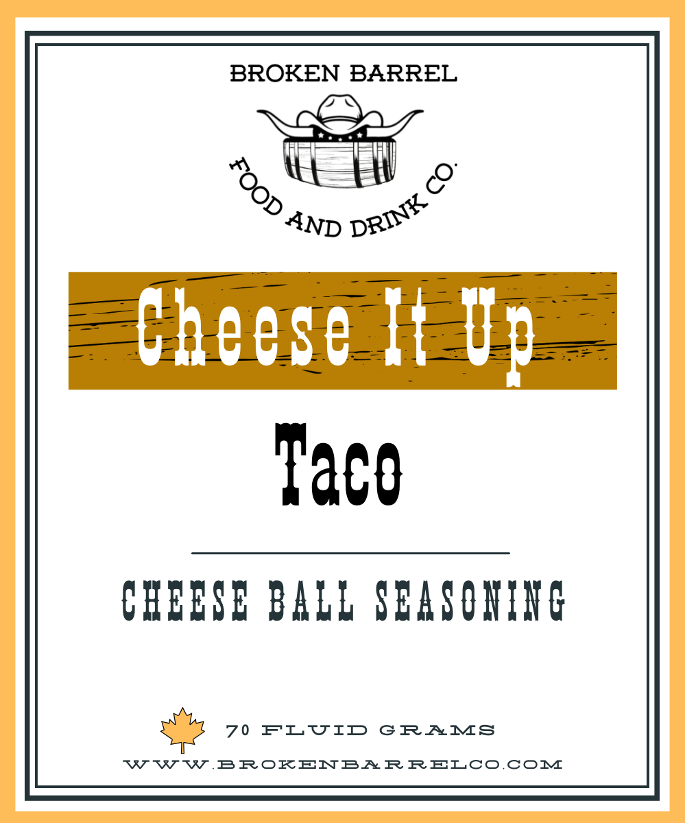 Taco cheese ball seasoning label, Broken Barrel Food and Drink Co.
