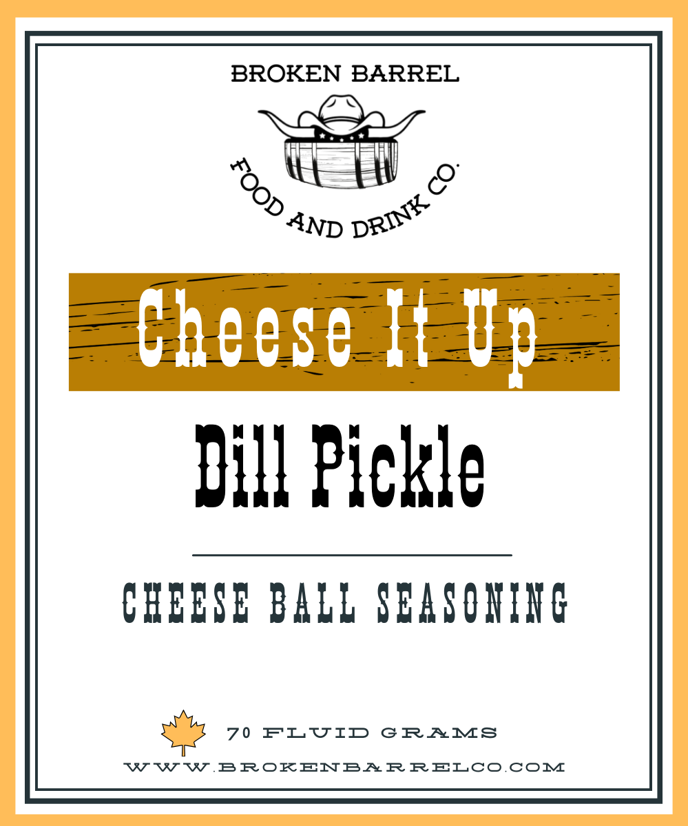 Dill Pickle cheese ball seasoning label, Broken Barrel Food and Drink Co.
