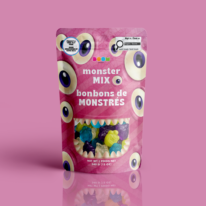 Boom Candy Pink Eyeball Monster gummies, pink pouch with monster eyeballs